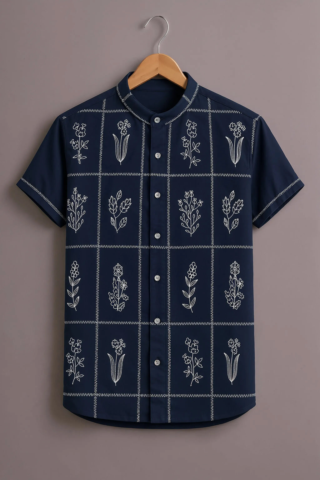 Premium Navy Blue Floral Grid Mandarin Collar Shirt