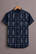 Premium Navy Blue Floral Grid Mandarin Collar Shirt