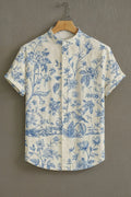 Premium Blue Floral Garden Print Mandarin Collar Shirt