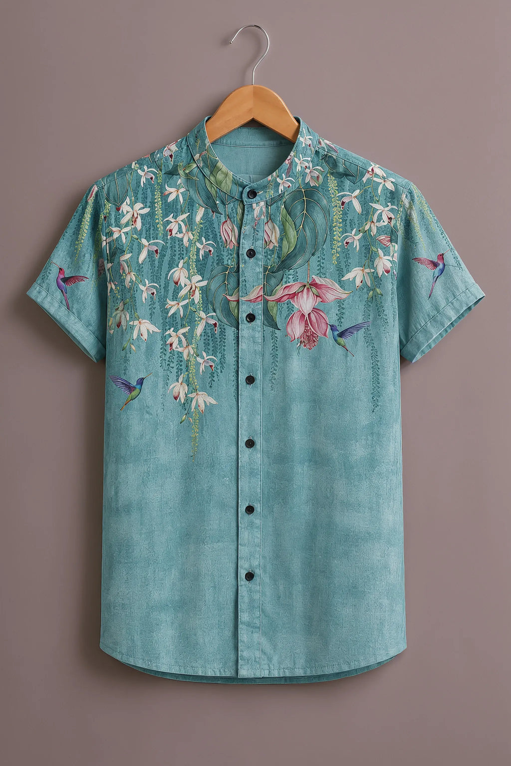 Premium Turquoise Floral Hummingbird Mandarin Collar Shirt
