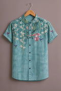 Premium Turquoise Floral Hummingbird Mandarin Collar Shirt