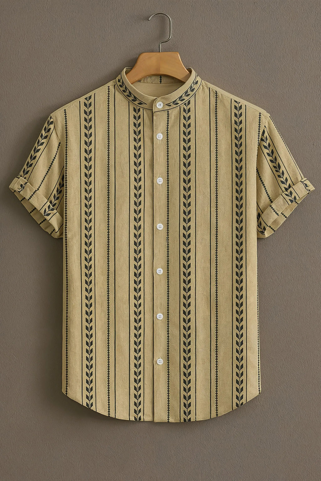 Premium Beige Black Leaf Stripe Mandarin Collar Shirt