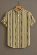 Premium Beige Black Leaf Stripe Mandarin Collar Shirt