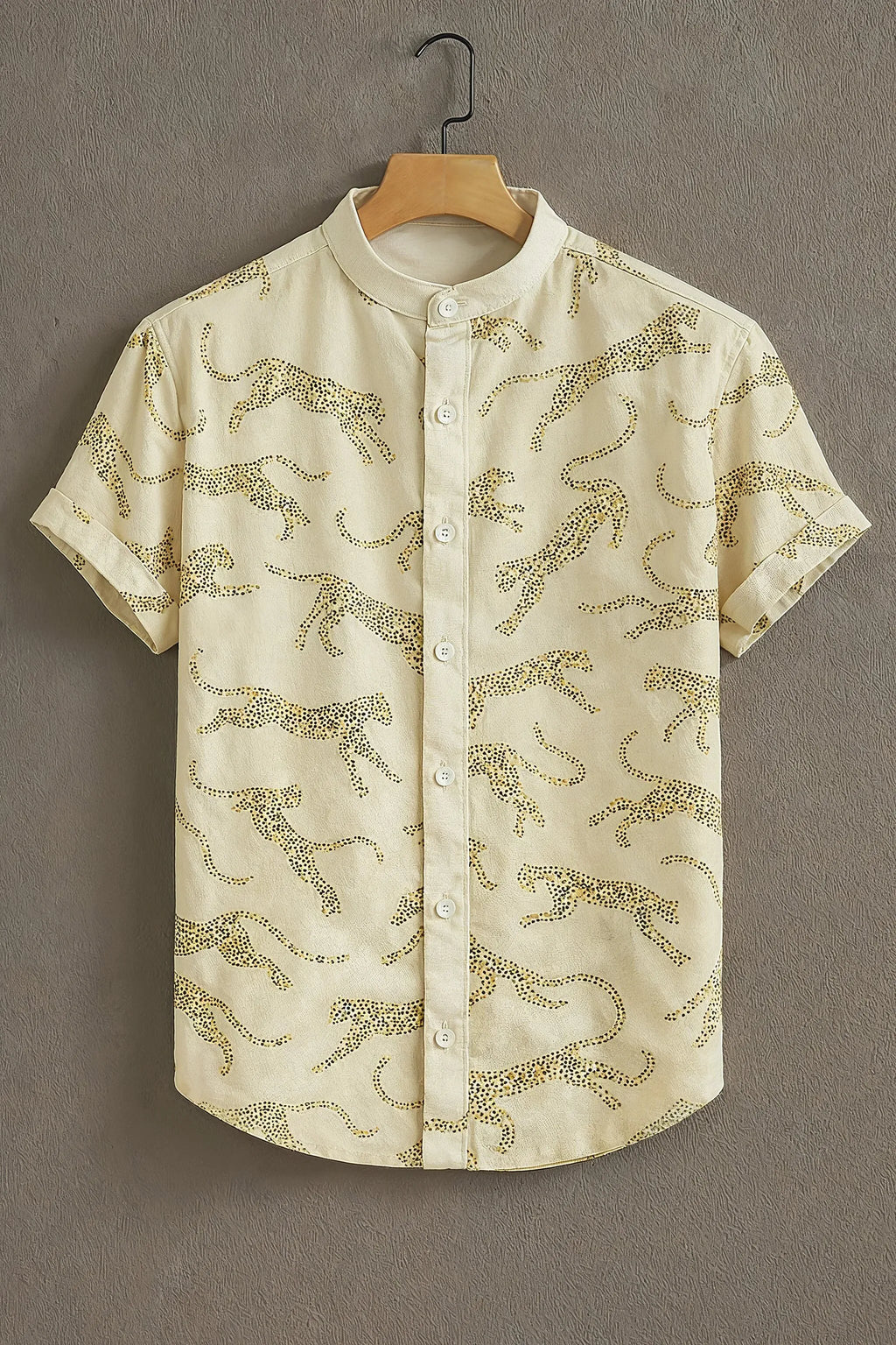 Cream Leopard Print Mandarin Collar Shirt