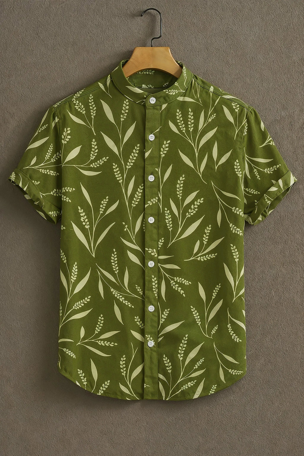Premium Olive Green Botanical Leaf Print Mandarin Collar Shirt