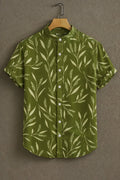 Premium Olive Green Botanical Leaf Print Mandarin Collar Shirt