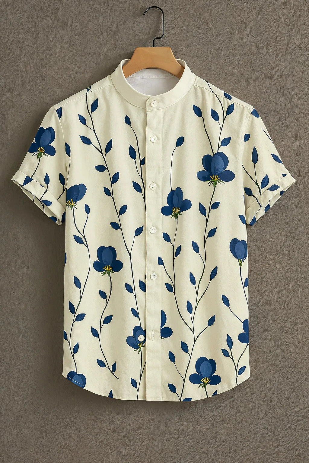 Premium Cream Blue Floral Vine Print Mandarin Collar Shirt