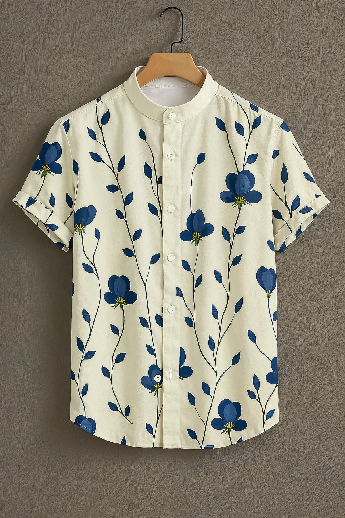 Premium Cream Blue Floral Vine Print Mandarin Collar Shirt
