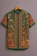 Premium Olive Green Floral Paisley Mandarin Collar Shirt
