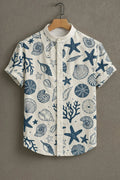 Premium Navy Blue Seashell & Starfish Print Mandarin Collar Shirt
