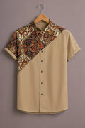 Premium Beige Geometric Ethnic Print Mandarin Collar Shirt